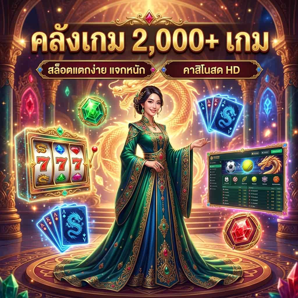 ภาพประกอบที่เน้นความหลากหลายและความหรูหราของ Dragon Gaming Casino นำเสนอเกมกว่า 2,000 เกม สล็อตที่แตกง่าย และคาสิโนสดคุณภาพ HD พร้อมสาวเอเชียในฉากแฟนตาซี พร้อมข้อความภาษาไทยที่น่าดึงดูด