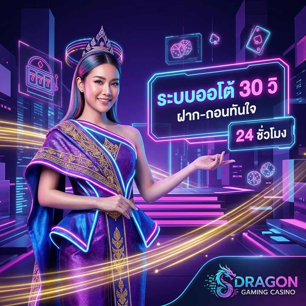 รูปภาพโปรโมทระบบฝาก-ถอนออโต้ 30 วินาทีจาก Dragon Gaming Casino ที่มีสาวเอเชียสวยงามในฉากแฟนตาซีดิจิทัล พร้อมข้อความภาษาไทยที่โดดเด่น เน้นความเร็วและความคุ้มค่าของโปรโมชั่น
