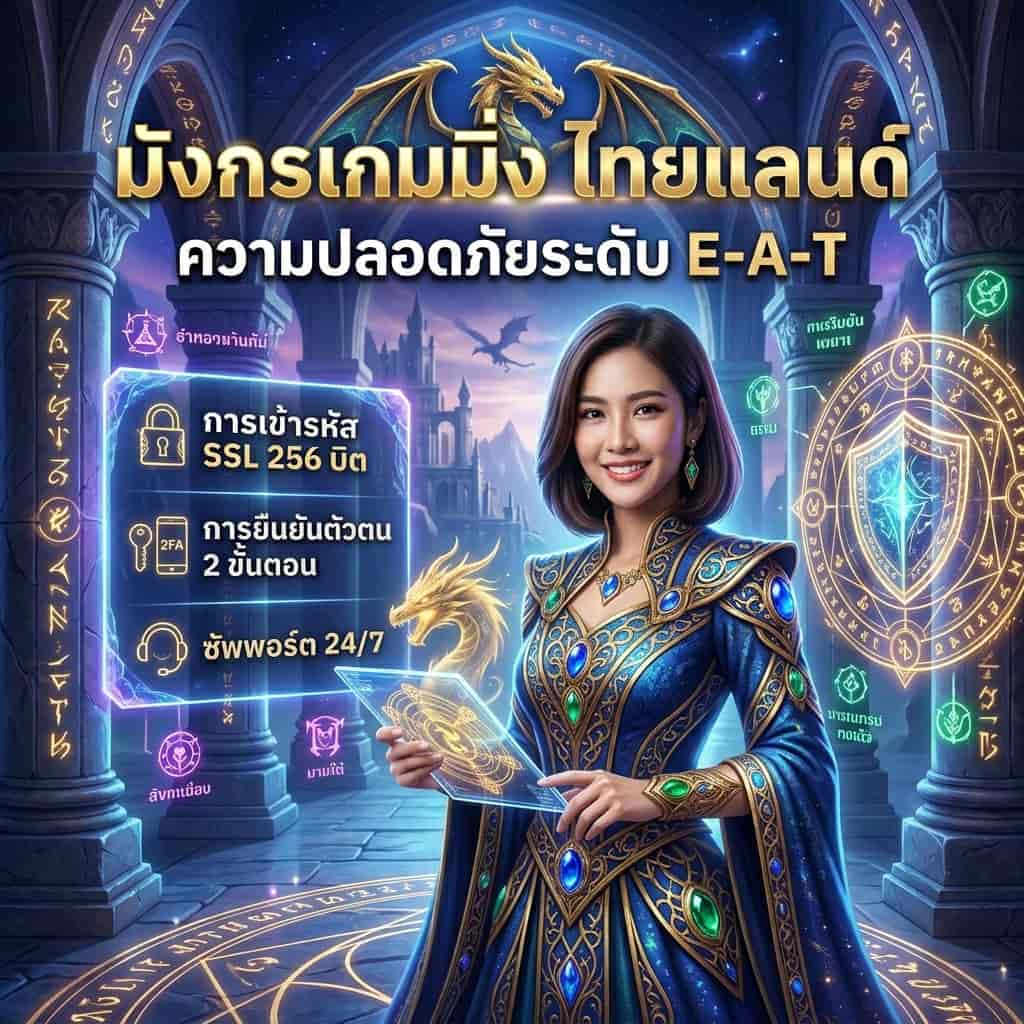 ภาพโปรโมท Dragon Gaming Thailand นำเสนอความปลอดภัยระดับ E-A-T ด้วยดีไซน์อนาคตที่ทันสมัย หญิงสาวชาวเอเชียผู้สง่างามยืนยันถึงความน่าเชื่อถือ ระบบความปลอดภัยขั้นสูงพร้อมข้อความภาษาไทย ดึงดูดผู้เล่นที่ต้องการประสบการณ์การเล่นเกมที่ปลอดภัยและโปร่งใส