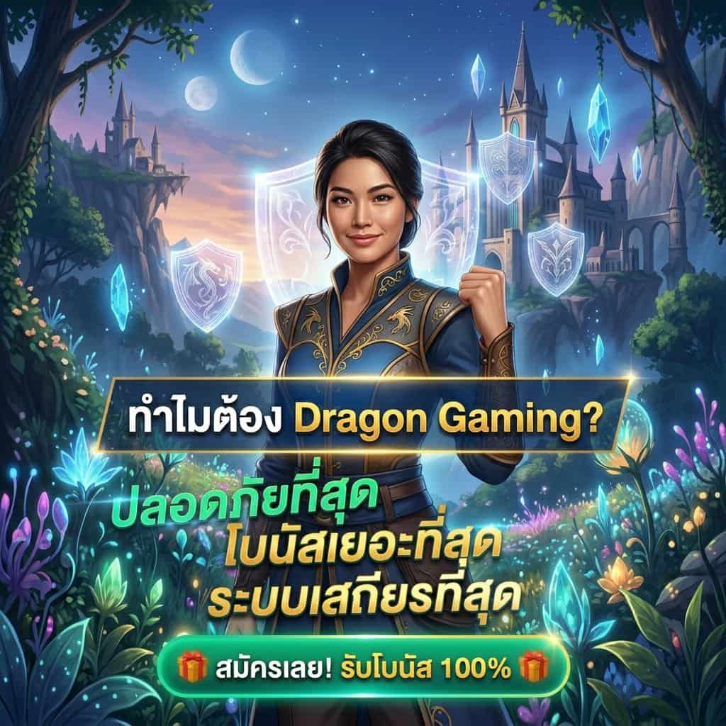 ภาพสรุปจุดเด่น Dragon Gaming Thailand เน้นความปลอดภัย โบนัส และเสถียรภาพ พร้อมปุ่มสมัครสมาชิกและโบนัส 100% ในสไตล์ 3D Render ที่ทรงพลังและน่าดึงดูด