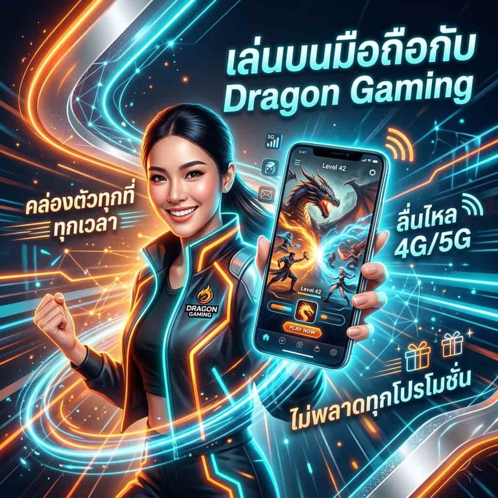 ภาพส่งเสริมการเล่นเกมบนมือถือ Dragon Gaming Thailand โชว์ความคล่องตัวด้วยดีไซน์ UI สมัยใหม่ หญิงสาวเอเชียผู้กระตือรือร้นถือสมาร์ทโฟน แสดงแอปที่ใช้งานง่ายพร้อมข้อความไทยเกี่ยวกับความลื่นไหลและการแจ้งเตือนโปรโมชั่น