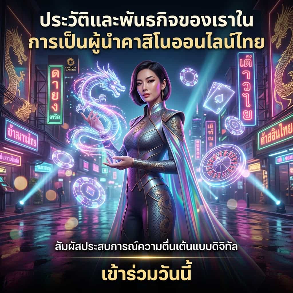 ภาพสแควร์แนวไซเบอร์พังค์แฟนตาซีแสดงพรีเซนเตอร์ผู้หญิงเอเชียสวมชุดล้ำสมัยถือมังกรโฮโลกราฟิกล้อมด้วยชิปและไพ่คาสิโน นำเสนอหัวข้อภาษาไทยเกี่ยวกับประวัติและพันธกิจของ Dragon Gaming ในการเป็นผู้นำคาสิโนออนไลน์ไทย ด้วยโทนสีสดใส แสงนีออน และตัวอักษรภาษาไทยที่อ่านง่าย เพื่อดึงความสนใจและกระตุ้นให้ผู้ชมคลิกอ่านรายละเอียด