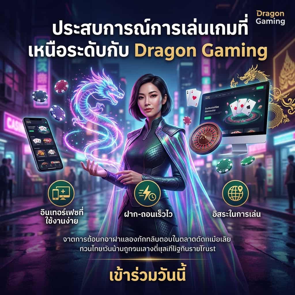 ภาพสแควร์แนวไซเบอร์พังค์แฟนตาซีแสดงพรีเซนเตอร์ผู้หญิงเอเชียสวมชุดล้ำสมัยถือมังกรโฮโลกราฟิก ล้อมด้วยชิปไพ่และหน้าจออินเทอร์เฟซมือถือกับคอมพิวเตอร์ แสดงจุดเด่นเป็นข้อความภาษาไทย: "อินเทอร์เฟซที่ใช้งานง่าย", "ฝาก-ถอนเร็วไว", "อิสระในการเล่น" พร้อมหัวข้อใหญ่ "ประสบการณ์การเล่นเกมที่เหนือระดับกับ Dragon Gaming" และปุ่ม CTA "เข้าร่วมวันนี้" ให้ความรู้สึกทันสมัย น่าเชื่อถือ และดึงดูดผู้เล่นคาสิโนออนไลน์ไทย
