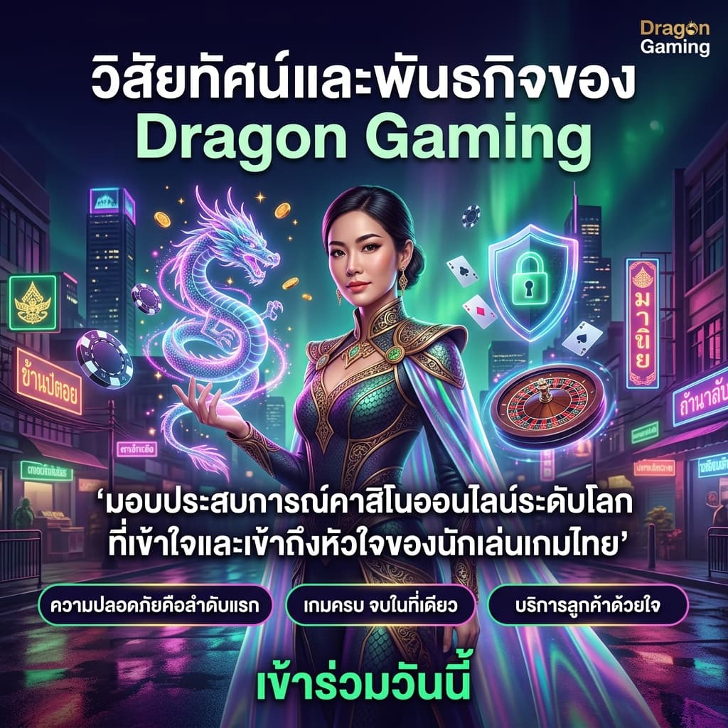 ภาพสแควร์สไตล์ฟิวเจอร์ริสติกนีโอคลาสสิกแสดงพรีเซนเตอร์ผู้หญิงเอเชียสวมชุดล้ำสมัยจับมังกรโฮโลกราฟิก มีชิปไพ่วงล้อคาสิโนและไอคอนโล่ล็อกสื่อความปลอดภัย พร้อมหัวข้อและข้อความภาษาไทยเน้นวิสัยทัศน์และพันธกิจของ Dragon Gaming เพื่อสร้างความเชื่อมั่น รู้สึกทันสมัยและดึงดูดผู้เล่นคาสิโนออนไลน์ไทยให้คลิกเข้าร่วม