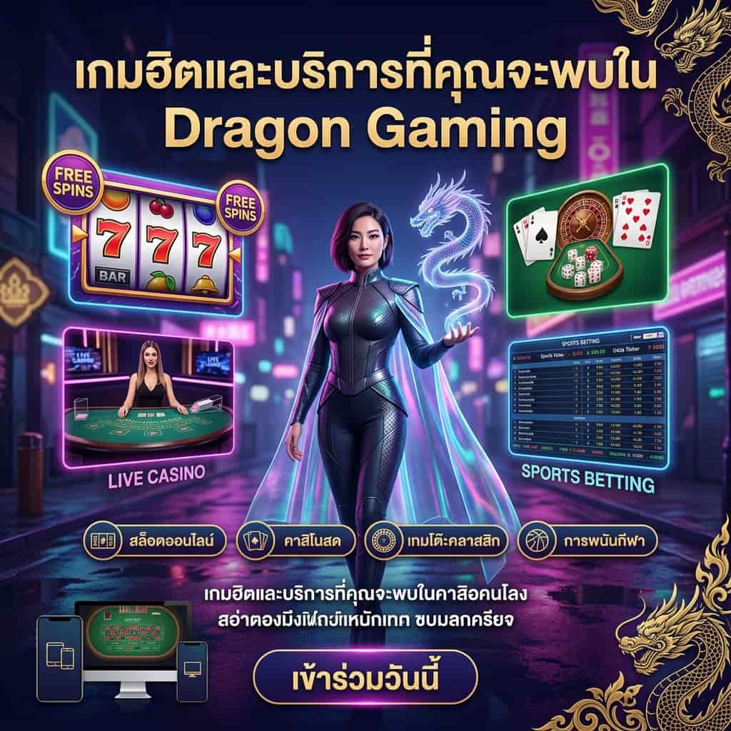 ภาพสแควร์แนวไซเบอร์พังค์แฟนตาซีแสดงพรีเซนเตอร์ผู้หญิงเอเชียถือมังกรโฮโลกราฟิก ล้อมด้วยไอคอนเกม: สล็อตออนไลน์ คาสิโนสด เกมโต๊ะคลาสสิก และกระดานอัตราต่อรองกีฬา พร้อมหัวข้อภาษาไทย "เกมฮิตและบริการที่คุณจะพบใน Dragon Gaming" และปุ่ม CTA "เข้าร่วมวันนี้" ให้ความรู้สึกทันสมัย น่าเชื่อถือ และดึงดูดผู้เล่นคาสิโนออนไลน์ไทย
