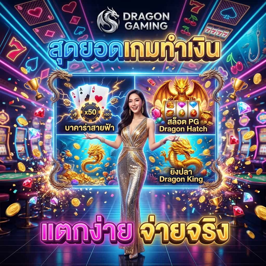 ภาพประชาสัมพันธ์เกมที่ทำเงินได้ดีที่สุดใน Dragon Gaming ได้แก่ บาคาร่าสายฟ้า, สล็อต PG Dragon Hatch, และยิงปลา Dragon King พร้อมด้วยอัตราการจ่ายสูงสุดและรางวัลใหญ่ที่สุด ทำให้ผู้เล่นมีโอกาสชนะและทำเงินได้ดีที่สุดในเกมเหล่านี้.