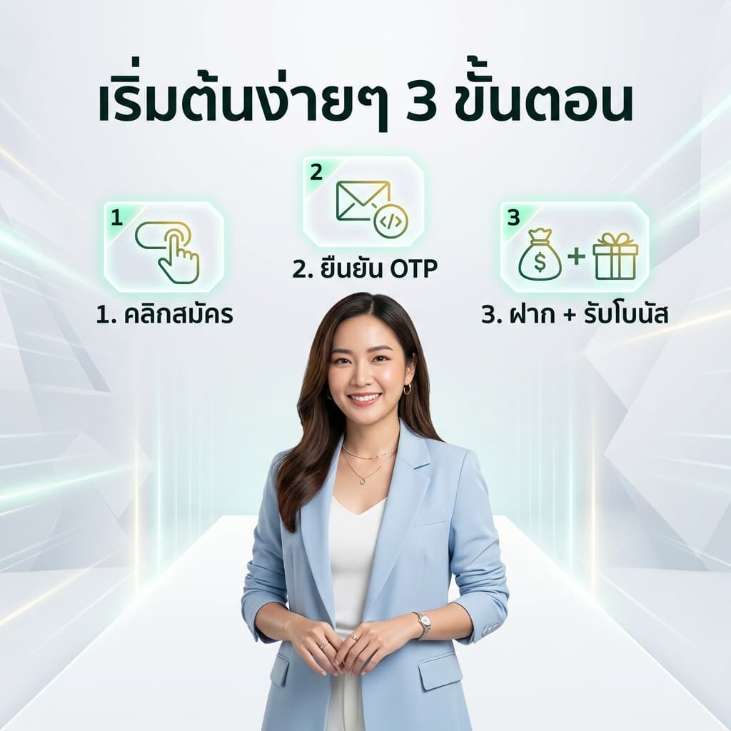 ภาพประกอบสอนวิธีสมัครสมาชิก Dragongaming อย่างง่ายใน 3 ขั้นตอน พร้อมสาวเอเชียใจดี หน้าจอ OTP และโบนัสต้อนรับ เน้นความรวดเร็ว ปลอดภัย และเป็นกันเอง สำหรับผู้เล่นชาวไทย