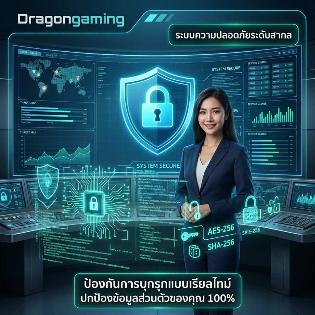 ภาพประชาสัมพันธ์ความปลอดภัยและความเป็นส่วนตัวของผู้เล่น Dragongaming ด้วยระบบ SSL Encryption ระดับ 256-bit และการป้องกันการแฮกแบบ Real-time ทำให้ผู้เล่นมั่นใจในข้อมูลส่วนตัวและทางการเงิน พร้อมด้วยทีมงาน Cyber Security คอยตรวจสอบระบบตลอด 24 ชั่วโมง เพื่อรักษาความปลอดภัยและความเป็นส่วนตัวของผู้เล่น.