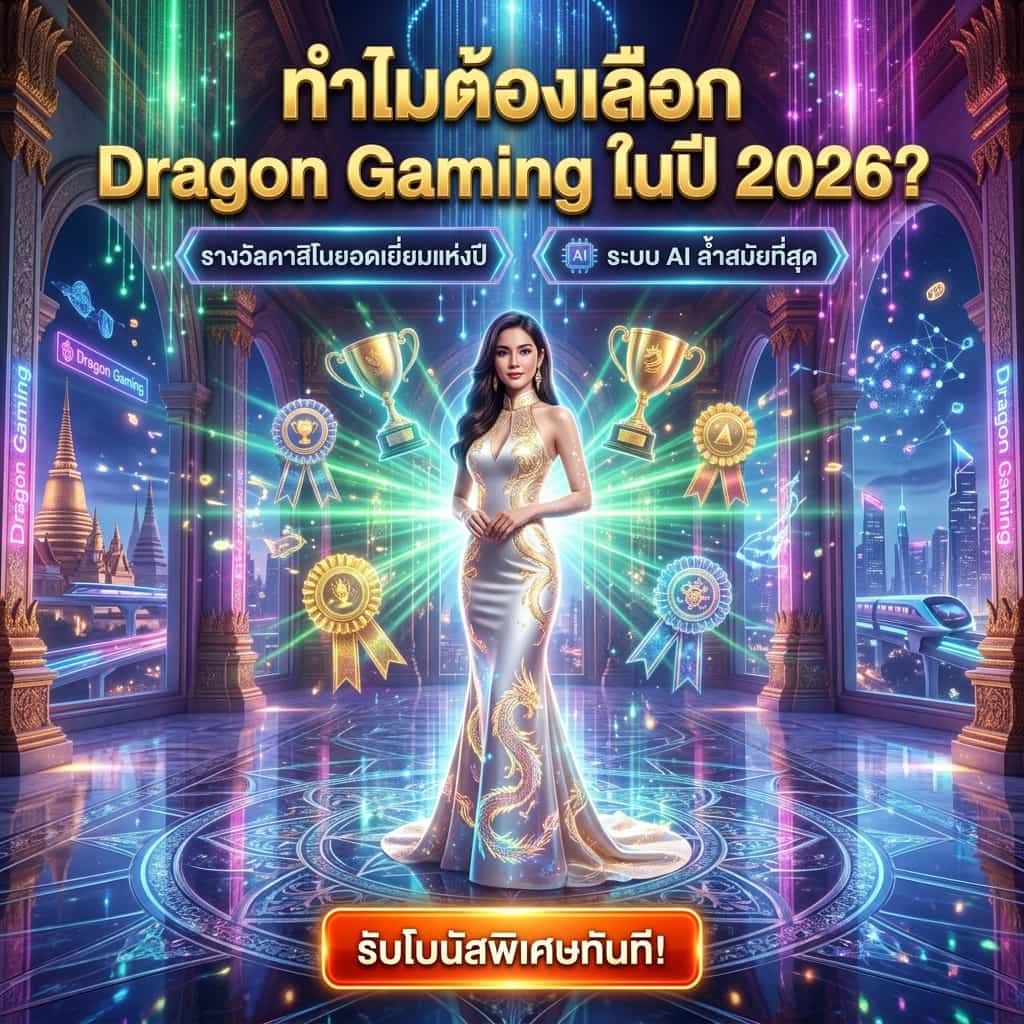 ภาพประกอบสี่เหลี่ยมส่งเสริม Dragon Gaming Casino แสดงหญิงสาวเอเชียในชุดราตรีสุดหรูท่ามกลางฉากคาสิโนเมตาเวิร์สสุดล้ำปี 2026 มาพร้อมโล่รางวัลโฮโลแกรมและข้อความภาษาไทยว่าทำไมต้องเลือกใช้บริการ แสงไฟสีทองและม่วง neon งดงามตระการตา เน้นความน่าเชื่อถือและความเป็นที่หนึ่งในวงการเดิมพันออนไลน์