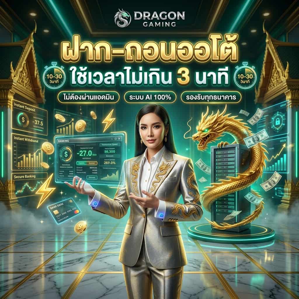 ภาพประกอบสี่เหลี่ยมจัตุรัสระบบฝากถอนออโต้ Dragon Gaming แสดงหญิงสาวในชุดสูทสีทองเงินถือหน้าจอธนาคารดิจิทัล มีมังกรทองคอยปกป้องข้อมูลการเงิน แสงไฟนีออนสีฟ้าและทอง ข้อความภาษาไทยฝากถอนออโต้รวดเร็ว 10-30 วินาที ไม่ต้องผ่านแอดมิน ปลอดภัย 100 เปอร์เซ็นต์