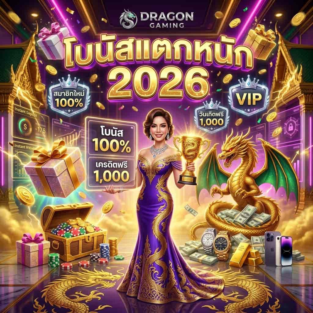 ภาพประกอบสี่เหลี่ยมจัตุรัสโปรโมชั่นโบนัส Dragon Gaming แสดงหญิงสาวในชุดราตรีสีม่วงทองล้อมรอบด้วยของขวัญและโบนัสมากมาย มีมังกรทองคอยปกป้องสมบัติ แสงไฟนีออนสีทองและชมพู ข้อความภาษาไทยโบนัสสมาชิกใหม่ร้อยเปอร์เซ็นต์ เครดิตฟรีวันเกิด คืนยอดเสีย ระบบวีไอพี 2026