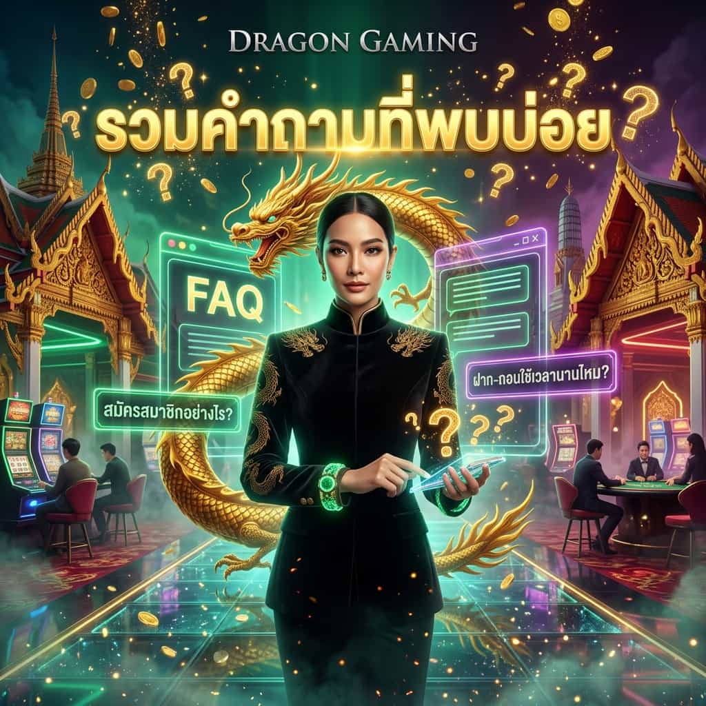 ภาพประกอบสี่เหลี่ยมจัตุรัสสำหรับ Dragon Gaming แสดงหญิงสาวเอเชียในชุดมืออาชีพหรูหรายืนอยู่ในฉากคาสิโนแฟนตาซี มีมังกรทองพันอยู่รอบแผงคำถามที่พบบ่อยแบบโฮโลแกรม แสงไฟนีออนสีทองและมรกตงดงาม ข้อความภาษาไทยรวมคำถามที่พบบ่อย FAQ พร้อมสัญลักษณ์คำถามลอยได้ ออกแบบเพื่อดึงดูดสายตาและสร้างความน่าเชื่อถือในระบบ