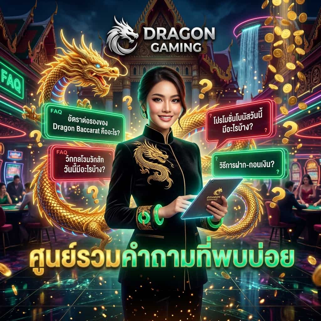ภาพประกอบสี่เหลี่ยมจัตุรัสสำหรับ Dragon Gaming แสดงหญิงสาวเอเชียในชุดมืออาชีพหรูหราอยู่ในฉากคาสิโนแฟนตาซีสไตล์เอเชีย มีมังกรทองพันอยู่รอบแผงคำถามที่พบบ่อยแบบโฮโลแกรม แสงไฟนีออนสีทองและมรกตงดงาม ข้อความภาษาไทยเกี่ยวกับ FAQ สำหรับนักเดิมพันมืออาชีพ ออกแบบเพื่อดึงดูดสายตาและสร้างความน่าเชื่อถือในระบบ