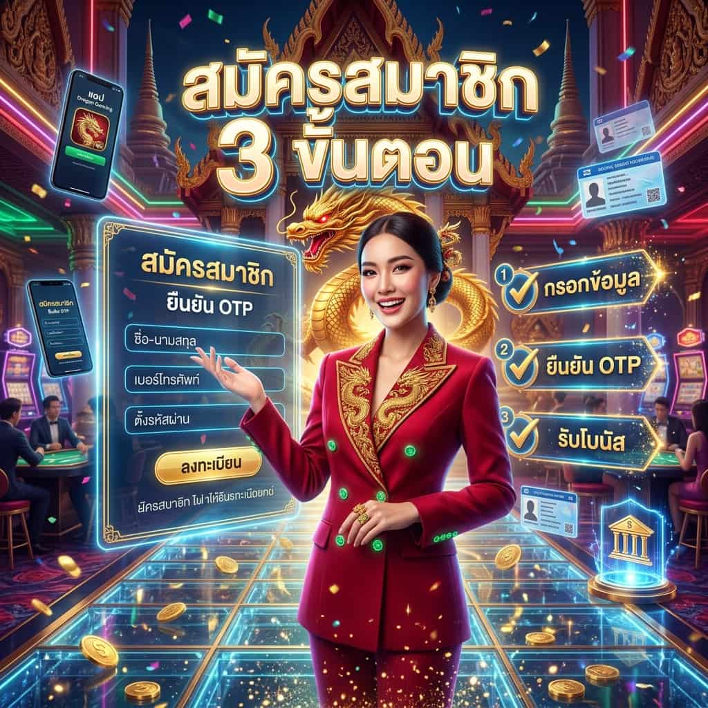 ภาพประกอบสี่เหลี่ยมจัตุรัสวิธีสมัครสมาชิก Dragon Gaming แสดงหญิงสาวสวยในชุดสูทสีแดงเข้มโชว์หน้าจอลงทะเบียนดิจิทัล มีมังกรทองคอยปกป้อง แสงไฟนีออนสีทองและเขียวมรกต ข้อความภาษาไทยขั้นตอนการสมัครสมาชิก 3 ขั้นตอน พร้อมรับโบนัส ดีไซน์หรูหราดึงดูดสายตา
