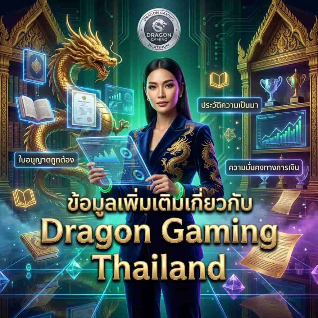ภาพประกอบสี่เหลี่ยมจัตุรัสเกี่ยวกับ Dragon Gaming Thailand แสดงหญิงสาวเอเชียในชุดสูทกำมะหยี่สีน้ำเงินกลางคืนถือแท็บเล็ตโฮโลแกรมอยู่ในห้องสมุดดิจิทัลหรูหรา มีมังกรทองและหนังสือข้อมูลลอยได้ แสงสีทองและไพลินงดงาม ข้อความภาษาไทยข้อมูลเพิ่มเติมเกี่ยวกับบริษัท เน้นประวัติความเป็นมา ความน่าเชื่อถือ ใบอนุญาตถูกต้อง สำหรับนักเดิมพันชาวไทย