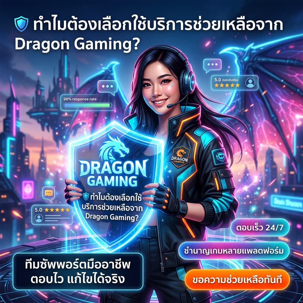 ภาพสี่เหลี่ยมจัตุรัสแสดงพิธีกรหญิงเอเชียในฉากแฟนตาซีไซเบอร์ถือโล่โฮโลกราฟิกสัญลักษณ์มังกร แวดล้อมด้วยไอคอนบริการช่วยเหลือ เกมซัพพอร์ตและข้อความภาษาไทยที่อ่านชัดเจน เช่น "🛡️ ทำไมต้องเลือกใช้บริการช่วยเหลือจาก Dragon Gaming?" และ CTA "ขอความช่วยเหลือทันที" เพื่อสื่อบริการตอบไว ทีมมืออาชีพ และความปลอดภัยสำหรับผู้เล่น