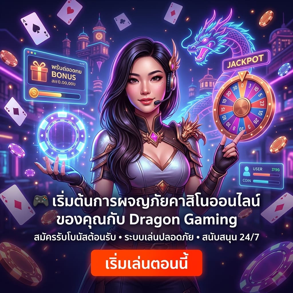 ภาพสี่เหลี่ยมจัตุรัสแสดงพิธีกรหญิงเอเชียในฉากคาสิโนแฟนตาซี-นีออน ถือชิปโฮโลกราฟิกและชูวงล้อแจ็กพอต มีไพ่และโทเค็นลอย คำบรรยายภาษาไทยชัดเจนว่า "เริ่มต้นการผจญภัยคาสิโนออนไลน์ของคุณกับ Dragon Gaming" พร้อมข้อความโปรโมชั่นโบนัสและปุ่ม CTA "เริ่มเล่นตอนนี้" เพื่อดึงผู้เล่นใหม่ให้สมัครและรับโบนัส