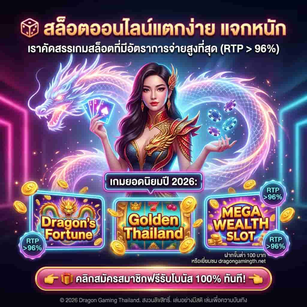 ภาพโปรโมชันสแควร์ของ Dragongaming แสดงสาวพรีเซนเตอร์เอเชียในชุดราตรียุคอนาคต มีมังกรเรืองแสงด้านหลังและไอคอนสล็อตสามเกม (Dragon's Fortune, Golden Thailand, Mega Wealth Slot) พร้อมแบนเนอร์บอก RTP > 96% ข้อความไทยเน้น "สล็อตออนไลน์แตกง่าย แจกหนัก" และปุ่ม CTA: "คลิกสมัครสมาชิกฟรีรับโบนัส 100% ทันที!" เหมาะสำหรับโพสต์โซเชียลเพื่อเพิ่มการคลิกและการสมัครสมาชิก